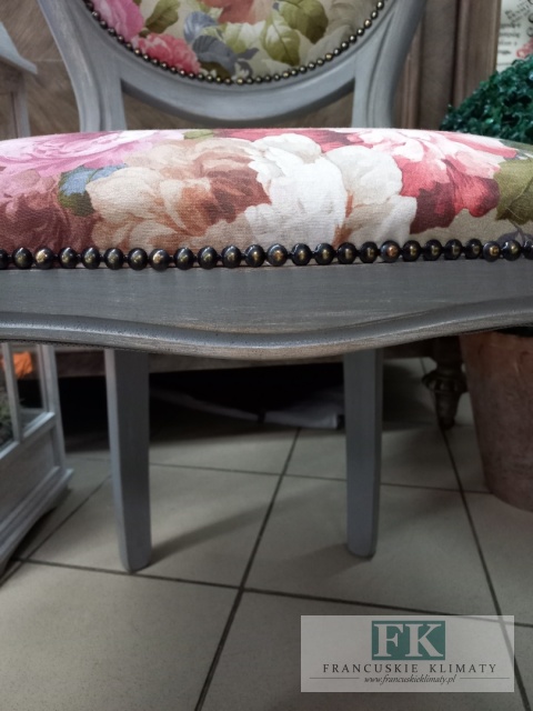 FRANCUSKIE KRZESŁO SZARY medalion KWIATY DĄB
