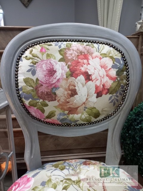 FRANCUSKIE KRZESŁO SZARY medalion KWIATY DĄB