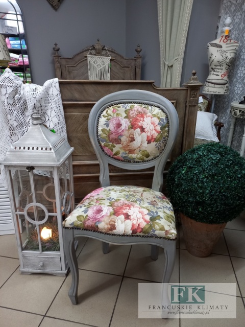 FRANCUSKIE KRZESŁO SZARY medalion KWIATY DĄB