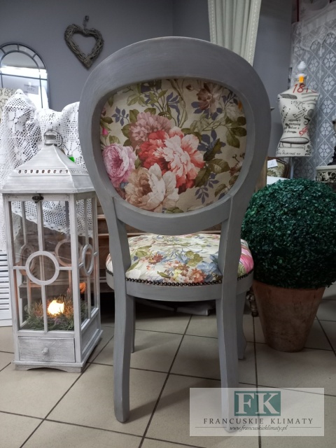FRANCUSKIE KRZESŁO SZARY medalion KWIATY DĄB