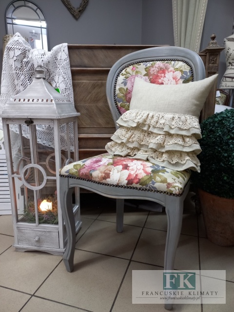FRANCUSKIE KRZESŁO SZARY medalion KWIATY DĄB