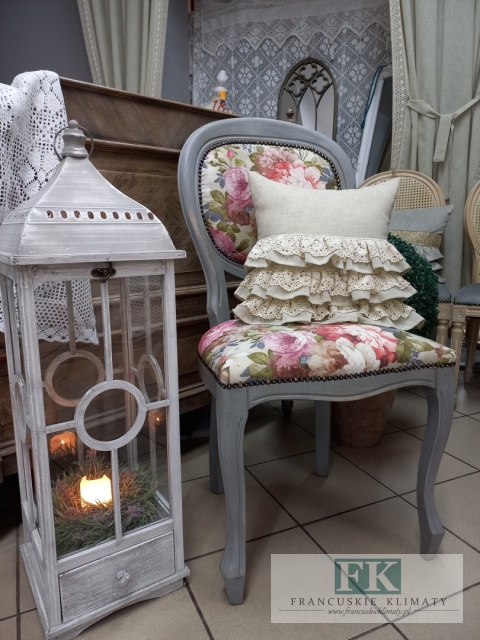 FRANCUSKIE KRZESŁO SZARY medalion KWIATY DĄB