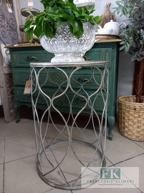 STOLIK METALOWY 63 cm W KOLORZE SREBRA Z LUSTRZANYM BLATEM