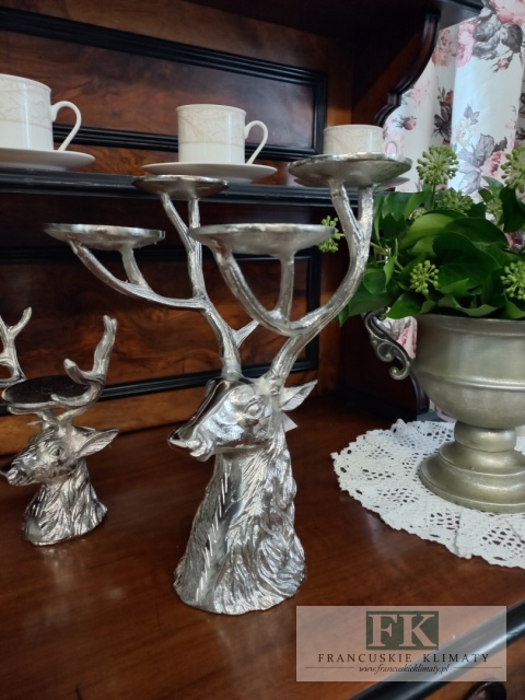 METAL ŚWIECZNIK JELEŃ jelonek WYS 31,5 CM srebro