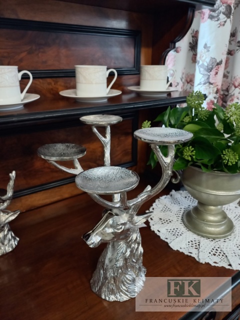 METAL ŚWIECZNIK JELEŃ jelonek WYS 31,5 CM srebro