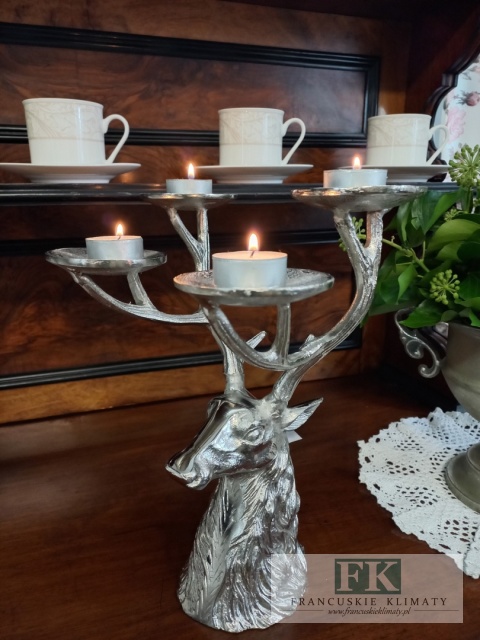 METAL ŚWIECZNIK JELEŃ jelonek WYS 31,5 CM srebro