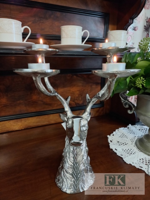 METAL ŚWIECZNIK JELEŃ jelonek WYS 31,5 CM srebro