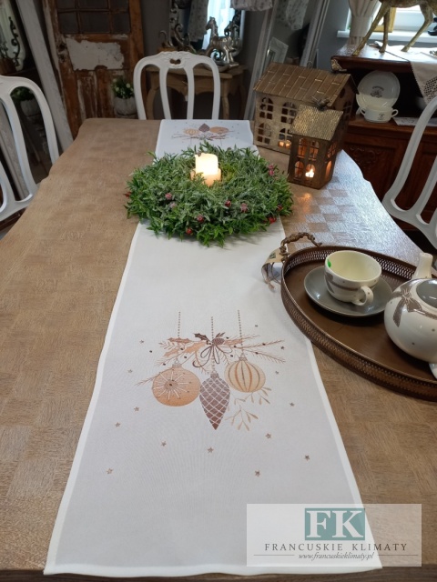 BIEŻNIK DEKORACYJNY ZŁOTE BOMBKI 35X180 BIEL