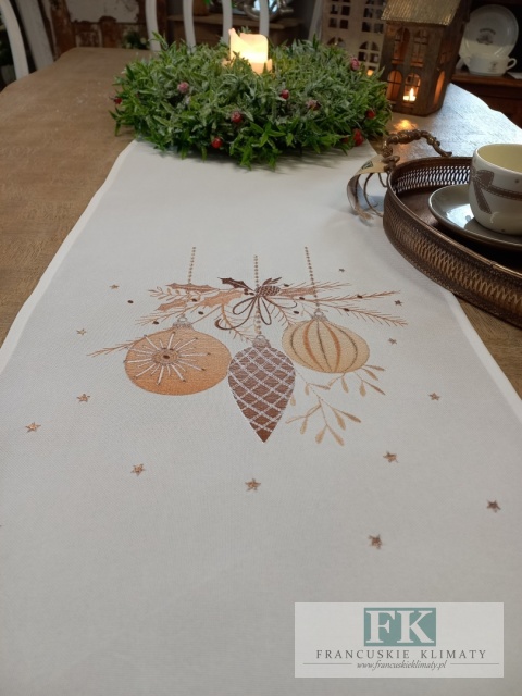 BIEŻNIK DEKORACYJNY ZŁOTE BOMBKI 35X180 BIEL