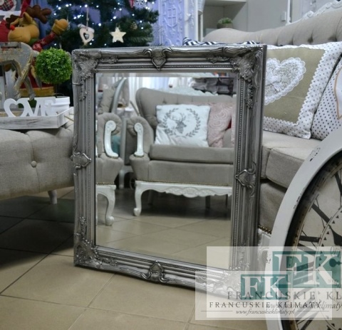 LUSTRO DREWNO , PION , POZIOM 74,5 x 63 cm , rama srebrna , srebrne