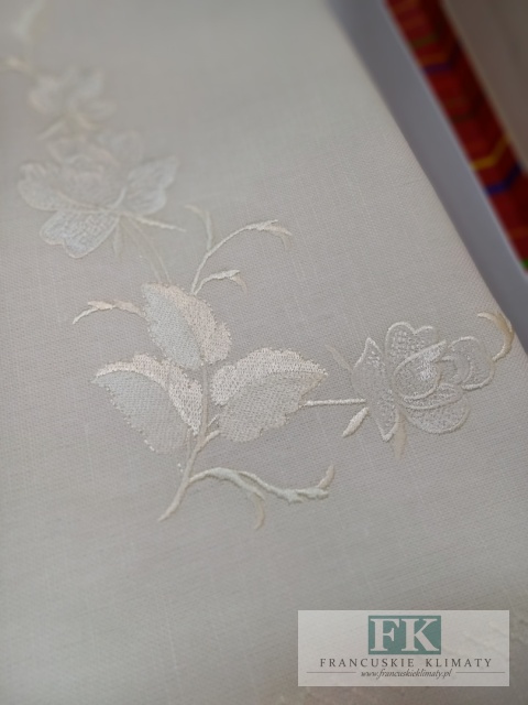 OBRUS HAFTOWANY RITA 140X180 ŁAMANA BIEL PROWANSJA SHABBY CHIC FRANCJA