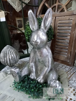 WIELKA CERAMICZNA FIGURA KRÓLIK ZAJĄC 39,5 CM SREBRNY