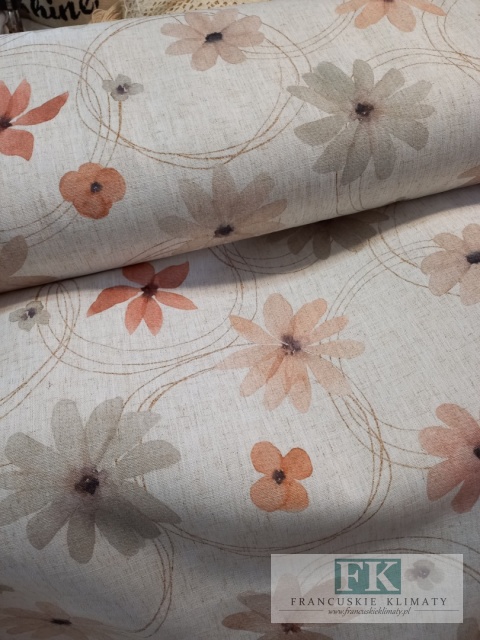TKANINA MATERIAŁ KWIATY 150 SZEROKOŚCI , SHABBY TKANINA Z DOMIESZKĄ LNU
