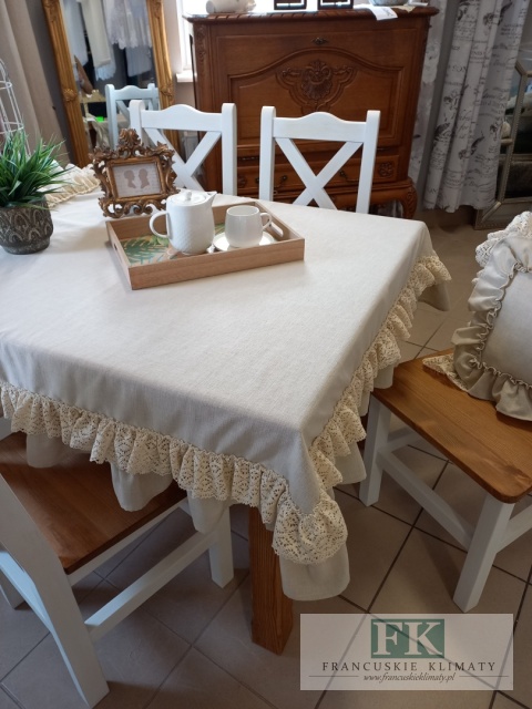 OBRUS NATURA BEŻ 140x140 FALBANY KORONKA , STYL FRANCUSKI SHABBY CHIC