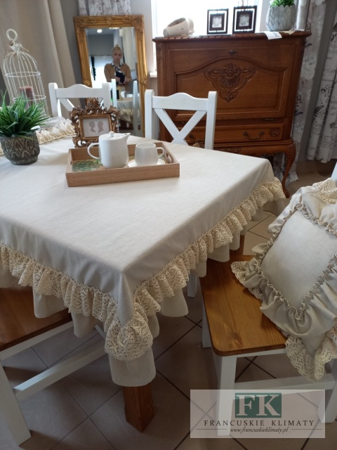 OBRUS NATURA BEŻ 140x140 FALBANY KORONKA , STYL FRANCUSKI SHABBY CHIC