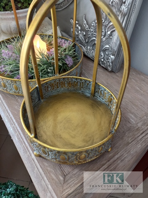 DEKORACYJNA TACA , KWIETNIK , LAMPION KORONA 45 CM ANTYCZNE ZŁOTO