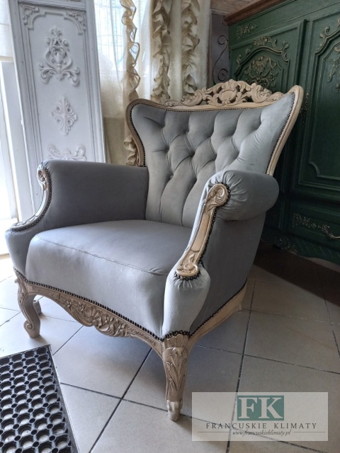 FRANCUSKI FOTEL PLUSZ antyczne drewno