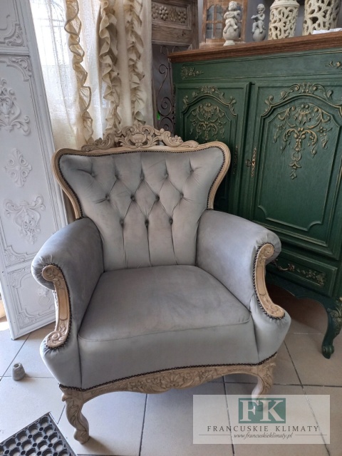 FRANCUSKI FOTEL PLUSZ antyczne drewno
