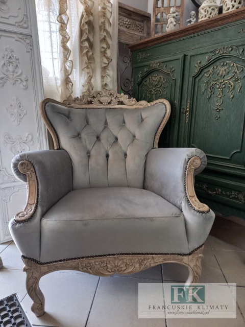 FRANCUSKI FOTEL PLUSZ antyczne drewno