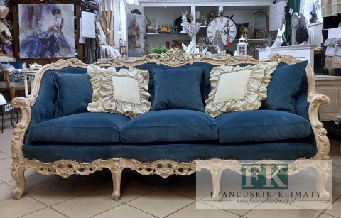 FRANCUSKI KPL. WYPOCZYNKOWY 8 EL. DĄB PLUSZ CIEMNY NIEBIESKI CIENIOWANY !