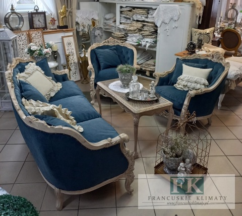 FRANCUSKI KPL. WYPOCZYNKOWY 8 EL. DĄB PLUSZ CIEMNY NIEBIESKI CIENIOWANY !
