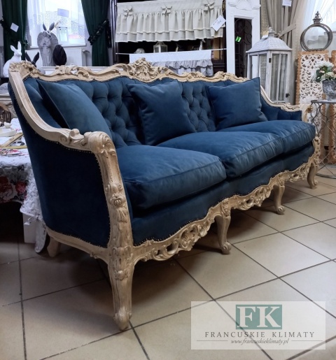 FRANCUSKI KPL. WYPOCZYNKOWY 8 EL. DĄB PLUSZ CIEMNY NIEBIESKI CIENIOWANY !