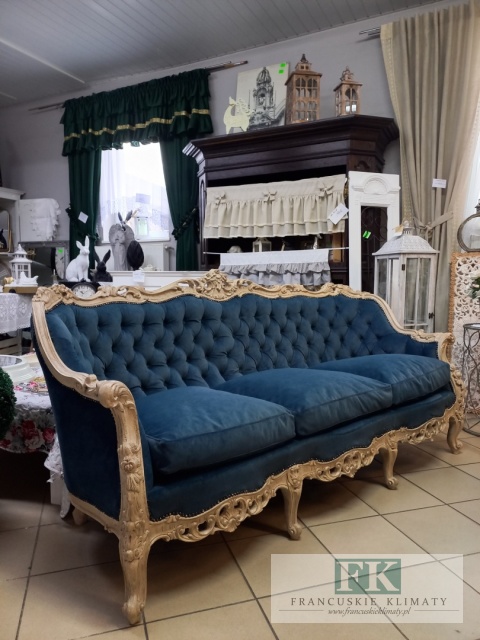 FRANCUSKI KPL. WYPOCZYNKOWY 8 EL. DĄB PLUSZ CIEMNY NIEBIESKI CIENIOWANY !