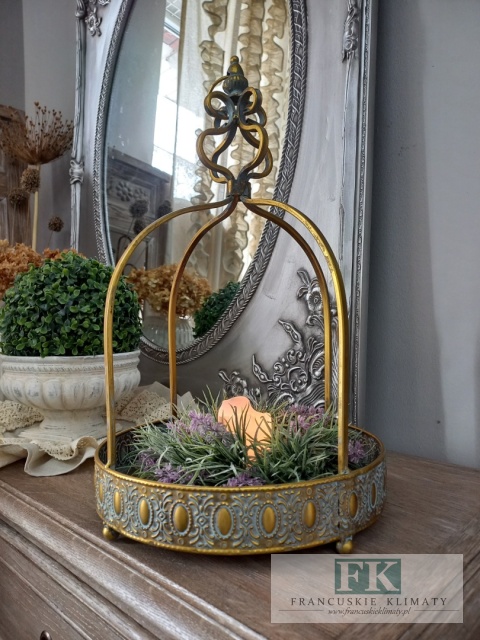 DEKORACYJNA TACA , KWIETNIK , LAMPION KORONA 51 CM ANTYCZNE ZŁOTO