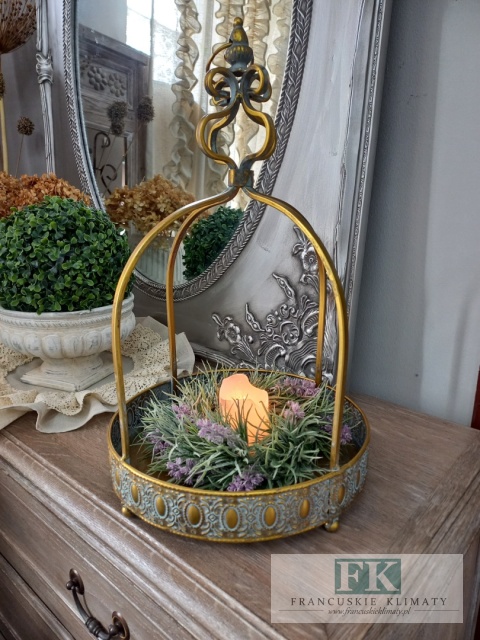 DEKORACYJNA TACA , KWIETNIK , LAMPION KORONA 51 CM ANTYCZNE ZŁOTO
