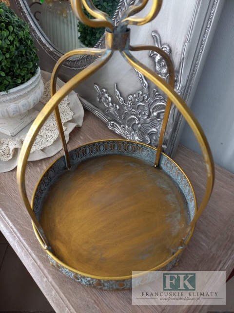 DEKORACYJNA TACA , KWIETNIK , LAMPION KORONA 51 CM ANTYCZNE ZŁOTO