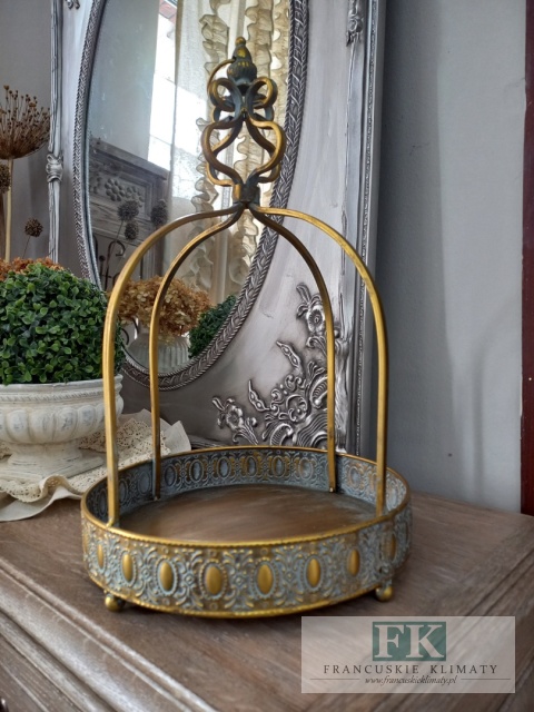DEKORACYJNA TACA , KWIETNIK , LAMPION KORONA 51 CM ANTYCZNE ZŁOTO