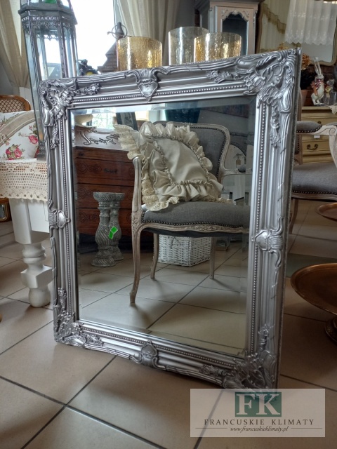 LUSTRO DREWNO , PION , POZIOM 74,5 x 63 cm , rama srebrna , srebrne