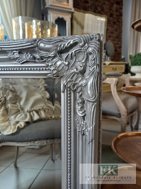 LUSTRO DREWNO , PION , POZIOM 74,5 x 63 cm , rama srebrna , srebrne