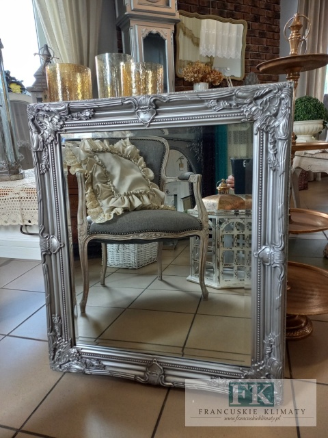 LUSTRO DREWNO , PION , POZIOM 74,5 x 63 cm , rama srebrna , srebrne