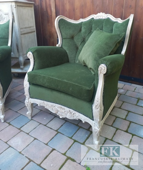 FRANCUSKI KPL. WYPOCZYNKOWY 9 EL. SOFA+2 FOTELE antyczne drewno PLUSZ OLIWKA
