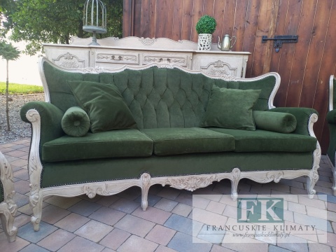 FRANCUSKI KPL. WYPOCZYNKOWY 9 EL. SOFA+2 FOTELE antyczne drewno PLUSZ OLIWKA