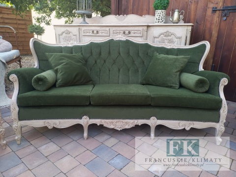 FRANCUSKI KPL. WYPOCZYNKOWY 9 EL. SOFA+2 FOTELE antyczne drewno PLUSZ OLIWKA
