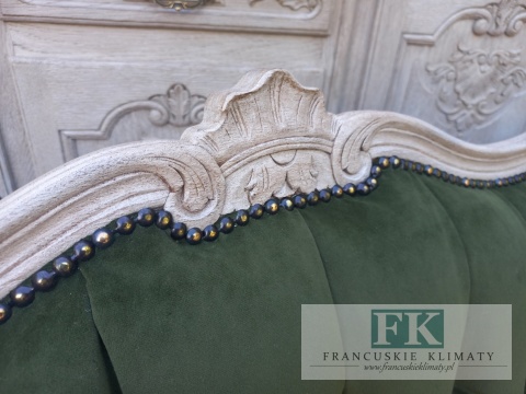 FRANCUSKI KPL. WYPOCZYNKOWY 9 EL. SOFA+2 FOTELE antyczne drewno PLUSZ OLIWKA