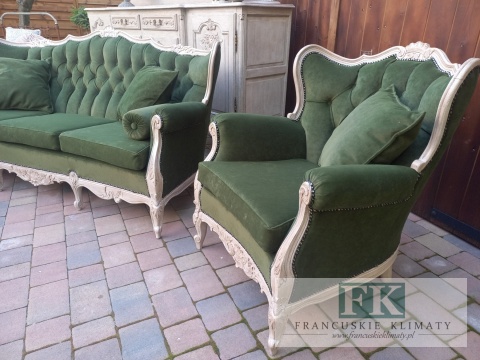 FRANCUSKI KPL. WYPOCZYNKOWY 9 EL. SOFA+2 FOTELE antyczne drewno PLUSZ OLIWKA