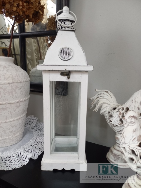 WSPANIAŁA DREWNIANA LATARNIA-LAMPION 50 CM W STYLU FRANCUSKIM, SHABBY, PROWANSJA.