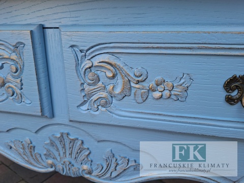 FRANCUSKA KOMODA dąb BLUE ELITE 141,5 cm błękit muśnięty złotem