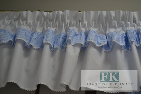LAMBREKIN + 2 BOKI WYS 160 CM BŁĘKITNA PEPITKA KRATKA BAWEŁNA 100% SHABBY CHIC PROWANSJA