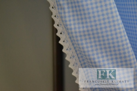 LAMBREKIN + 2 BOKI WYS 160 CM BŁĘKITNA PEPITKA KRATKA BAWEŁNA 100% SHABBY CHIC PROWANSJA