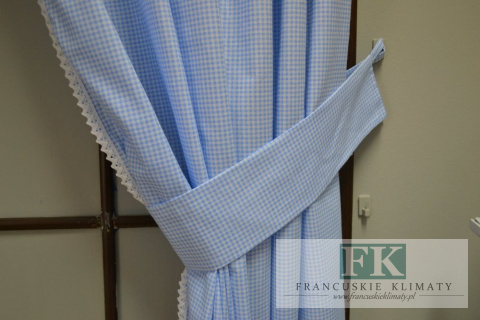 LAMBREKIN + 2 BOKI WYS 160 CM BŁĘKITNA PEPITKA KRATKA BAWEŁNA 100% SHABBY CHIC PROWANSJA