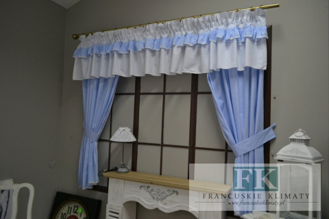 LAMBREKIN + 2 BOKI WYS 160 CM BŁĘKITNA PEPITKA KRATKA BAWEŁNA 100% SHABBY CHIC PROWANSJA