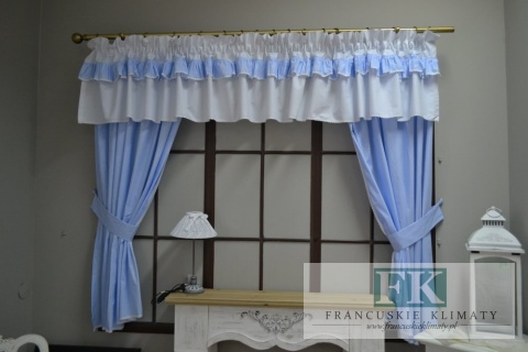 LAMBREKIN + 2 BOKI WYS 160 CM BŁĘKITNA PEPITKA KRATKA BAWEŁNA 100% SHABBY CHIC PROWANSJA