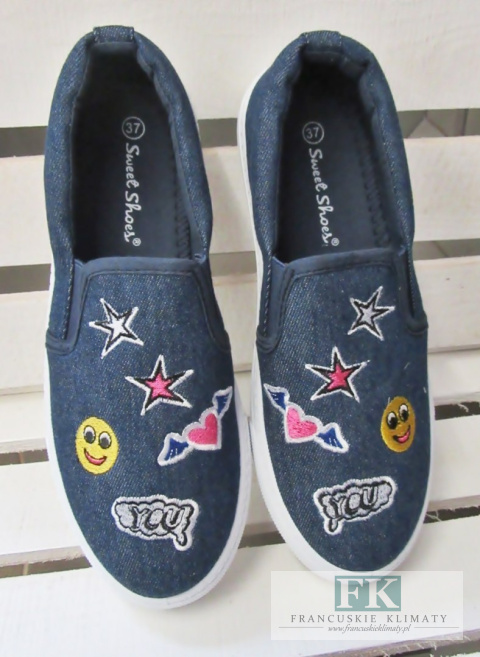 TRAMPKI SLIP ON JEANS BUŹKI NASZYWKI R. 37 TRAMPKI SLIP ON JEANS BUŹKI NASZYWKI R. 37