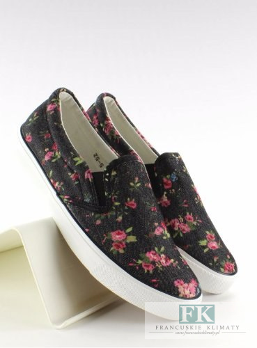 TRAMPKI SLIP ON KWIATY HIT BLACK/PINK R.38