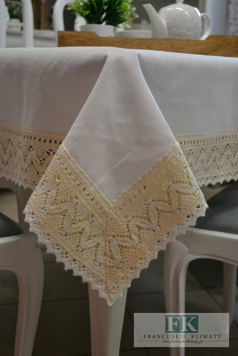 OBRUS ANITA 140X170 ŁAMANA BIEL ZŁOTA NITKA LEN NATURA SHABBY CHIC FRANCJA