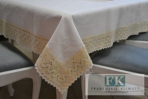 OBRUS ANITA 140X170 ŁAMANA BIEL ZŁOTA NITKA LEN NATURA SHABBY CHIC FRANCJA